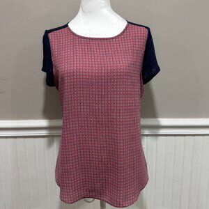 Ann Taylor Petite Short Sleeve Navy and Pink Blouse (Size MP)